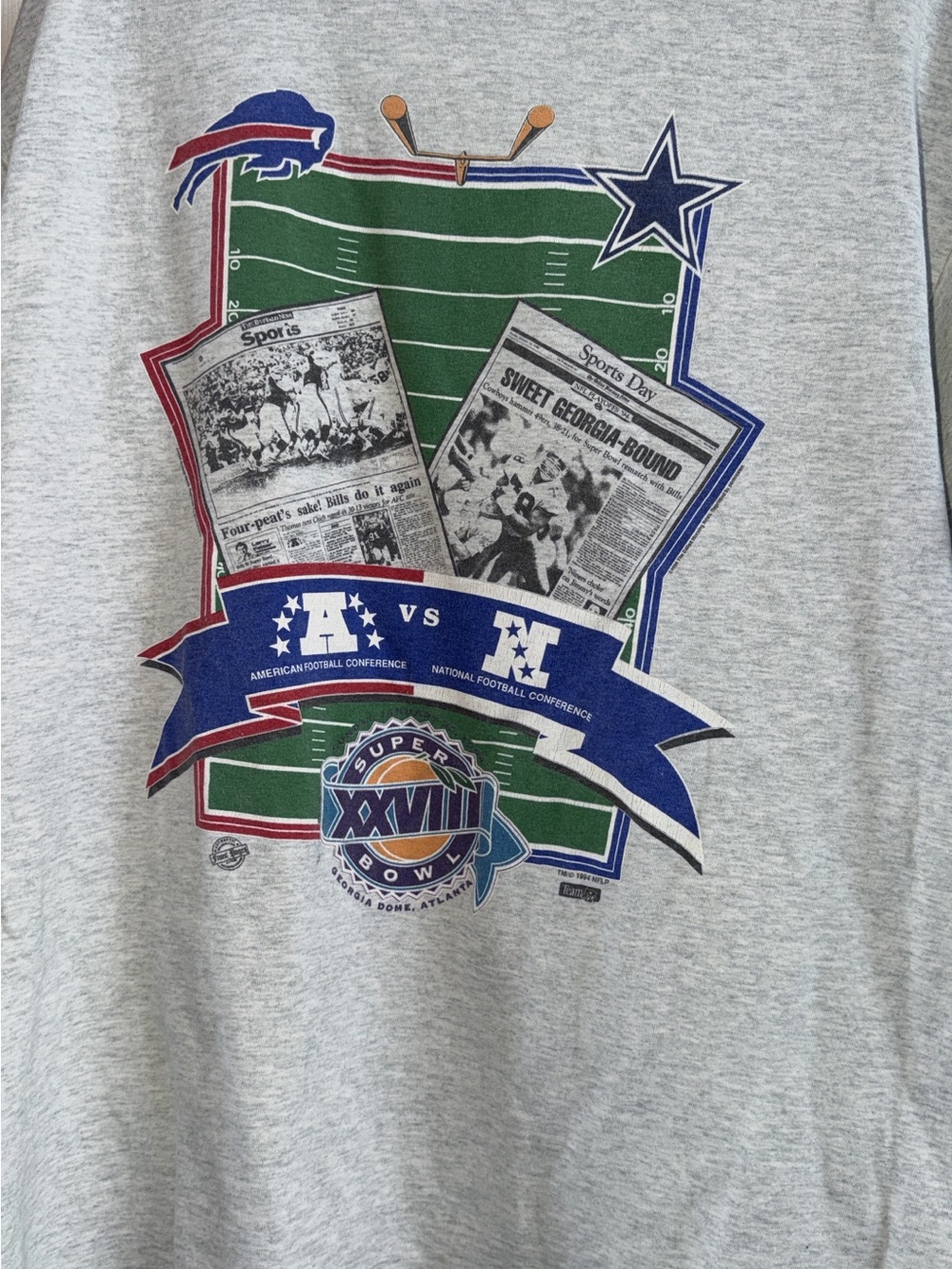 Vintage Super Bowl XXVIII Graphic Tee - Gray with Blue & Green